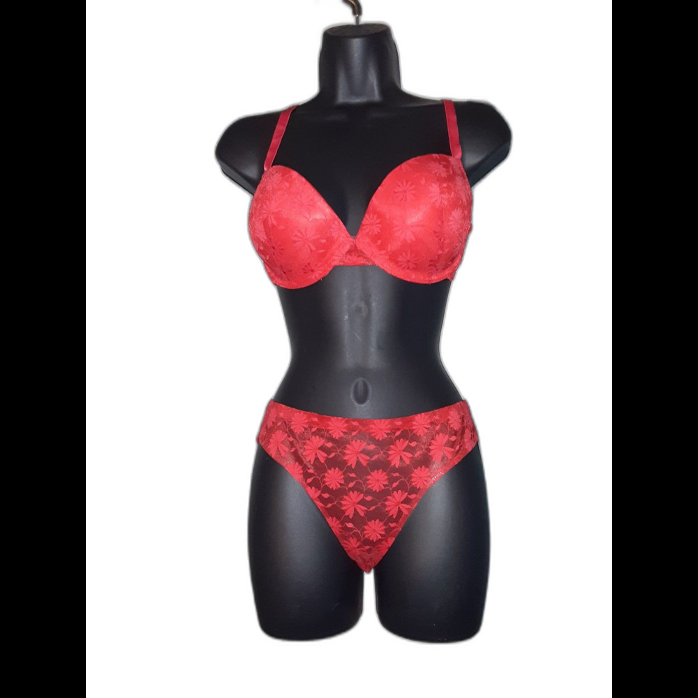 Youmita 36C Tomato Floral Lace Push-Up Bra & Large Floral Lace Panty NWT